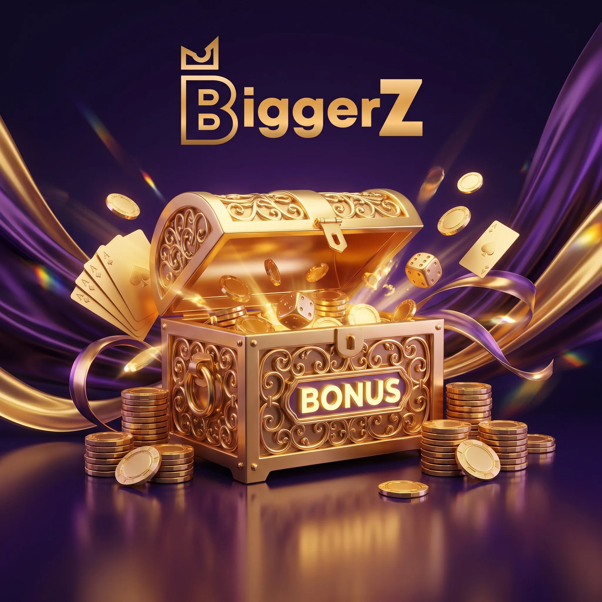 Golden bonus chest and coins on a purple background