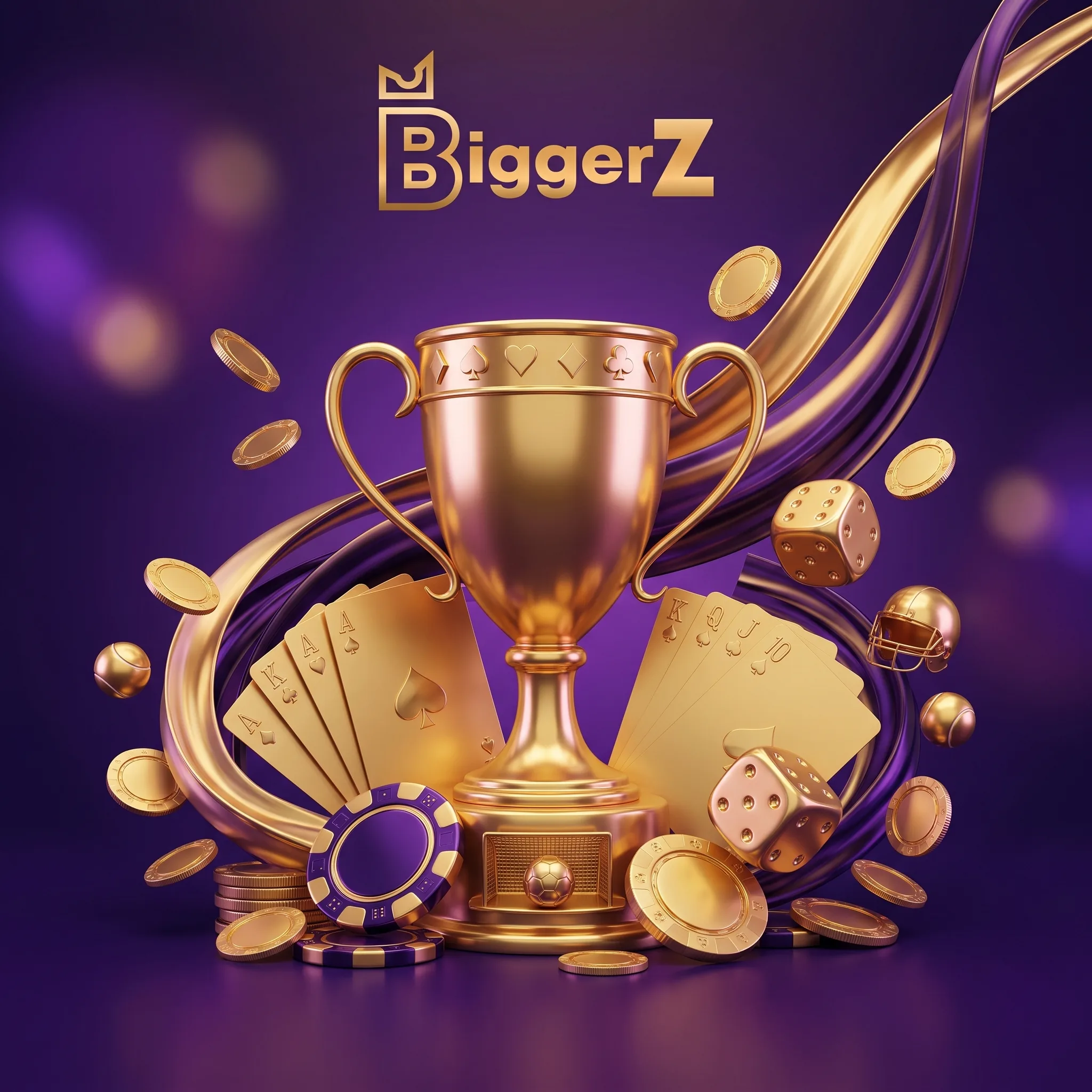 Golden trophy, playing cards and sports symbols