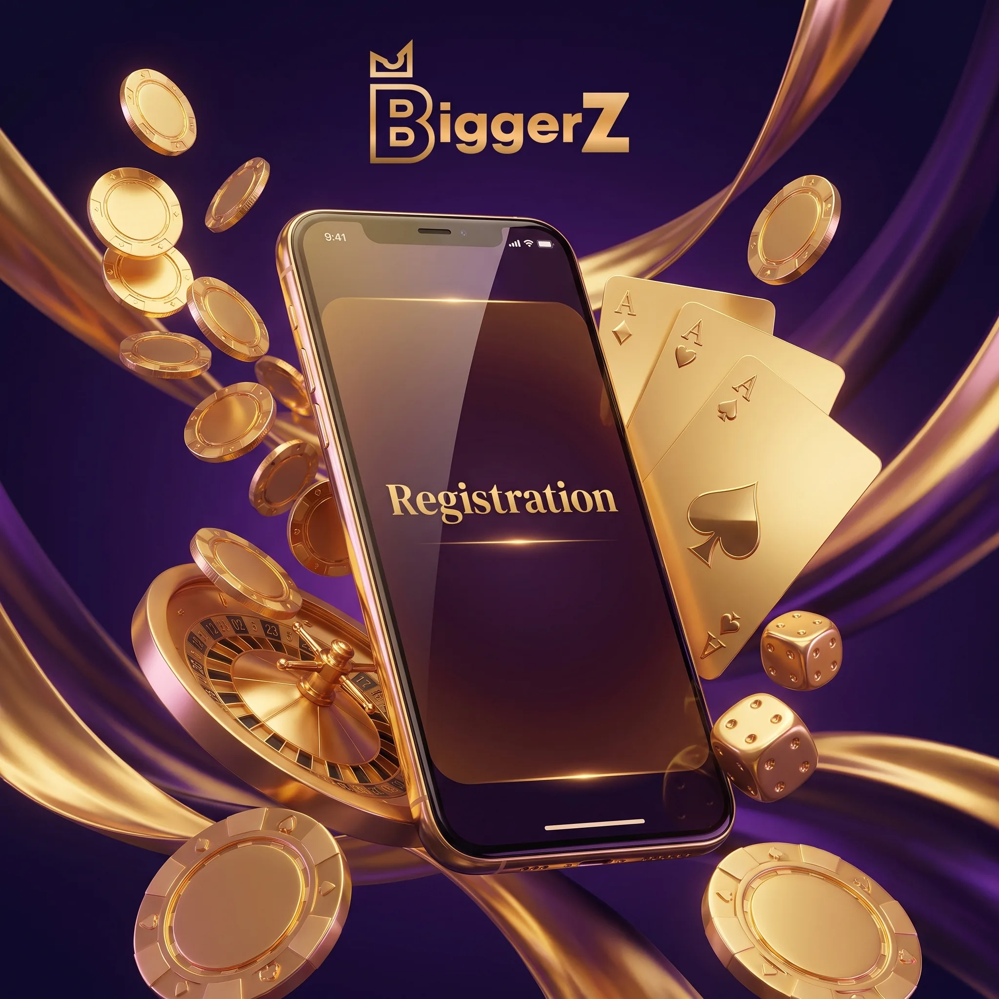 Smartphone displaying BigGerz registration with golden cards and coins
